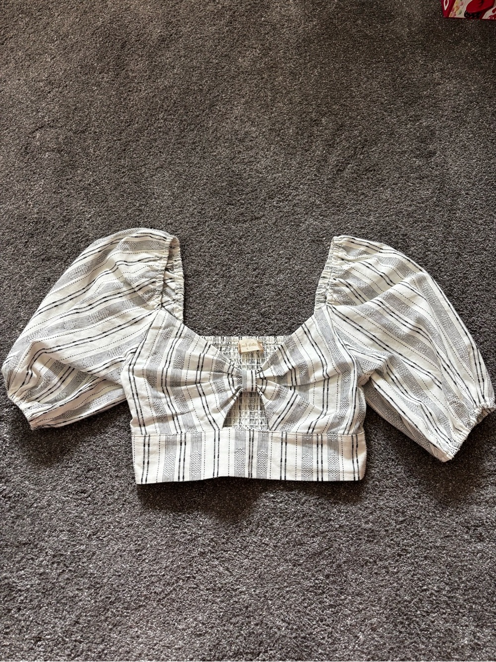 Altar'd State White & Black Striped Puff-Sleeve Crop Top